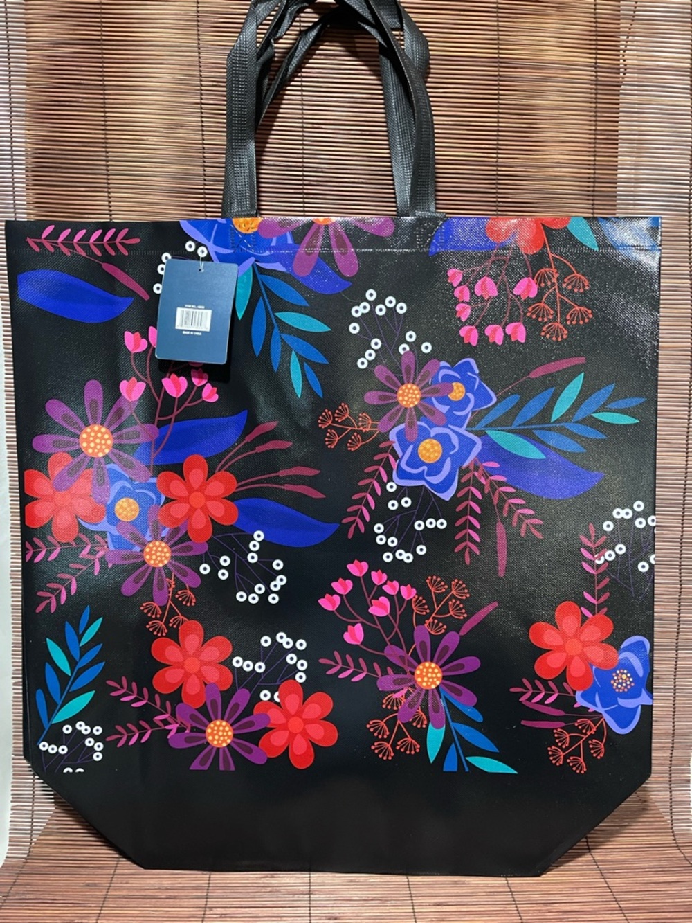 NWT Black Floral Vinyl Reusable Bag with Bright Multicolor Blooms
